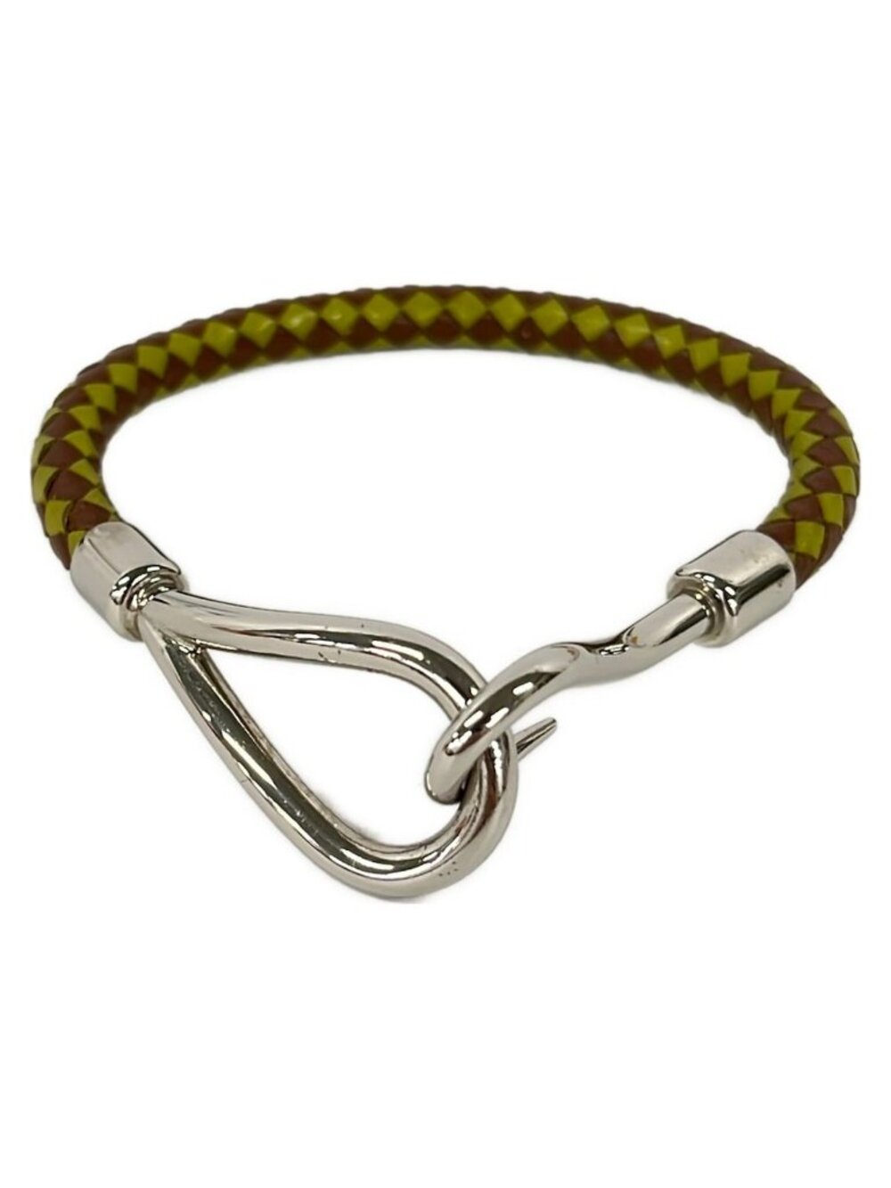 Hermes Bracelet Jumbo Leather Khaki Brown Silver Braid